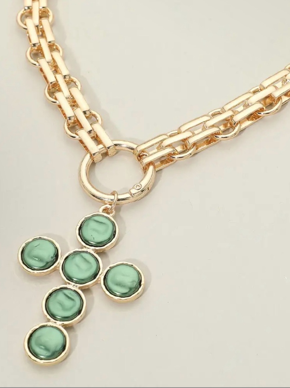Gold Chain Necklace with Green Pearl Cross Pendant - Women Jewelry